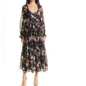 NEW By TiMo Black Floral Wrap Bodice Long Sleeve Chiffon Dress $495